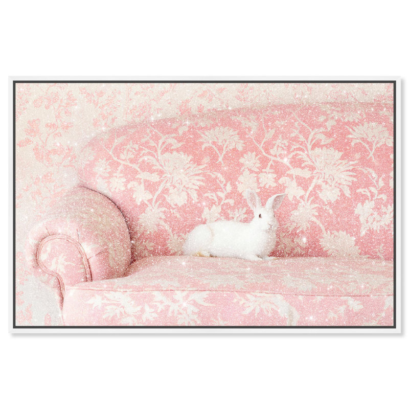 Oliver Gal Baby Bunny Sofa Animals - Diamond Dust Framed Canvas Art, 20" H x 30" W, White