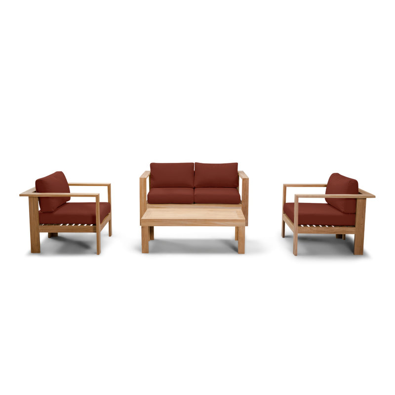 Ando 4 Piece Teak Sofa Seating Group with Sunbrella Cushions, Canvas Henna Sunbrella® Canvas