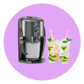 Grey electric ice crusher with adjustable texture settings next to two refreshing mojito cocktails garnished with lime and mint on a purple circular background.