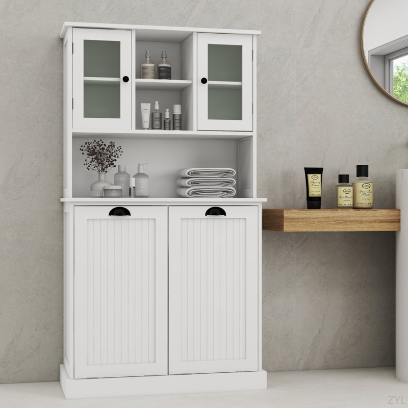 Two-Compartment Tilt-Out Dirty Laundry Basket Tall Bathroom Cabinet With 2 Adjustable Shelves-White, White
