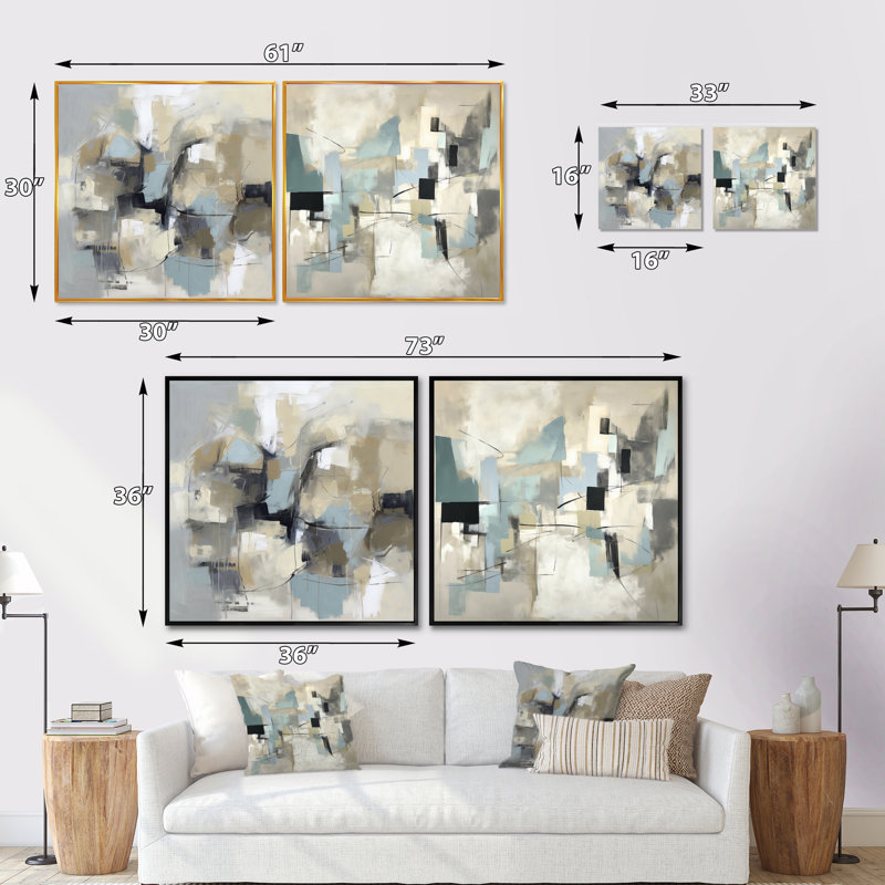 Beige et gris, créativité sans limite - ensemble de 2 collages carrés de peinture abstraite, Cadre flottant noir