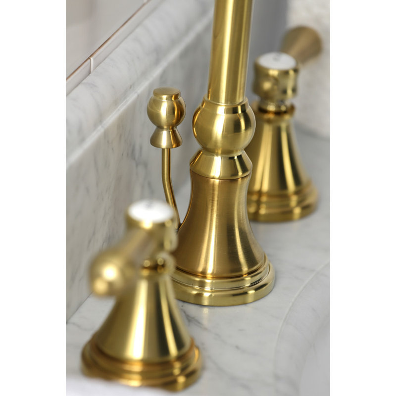 Kingston Brass Heirloom Two-Handle 3-Hole Deck Mount Widespread Bathroom Faucet with Brass Pop-Up Drain, Brushed Brass