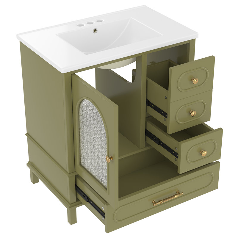 Meuble-lavabo 30 po avec lavabo, meuble-lavabo simple autoportant avec 3 tiroirs et armoire semi-transparente, vert, Vert