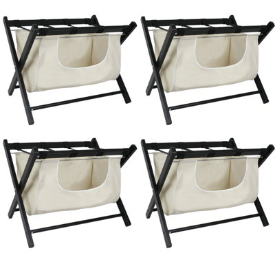 26" W Solid Wood Folding Luggage Rack with Detachable Laundry Bag, 4-Piece Set, Black