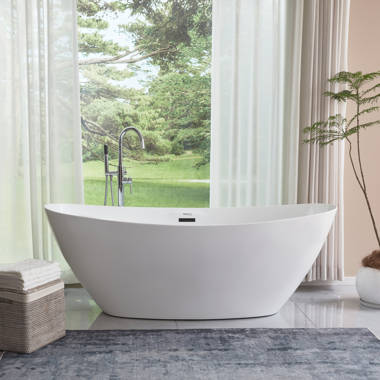 ᐅ【WOODBRIDGE 67 in. Freestanding Double Ended Acrylic Soaking Bathtub with  Center Drain Assembly and Overflow, BTA1537/B1537, Glossy White-WOODBRIDGE】