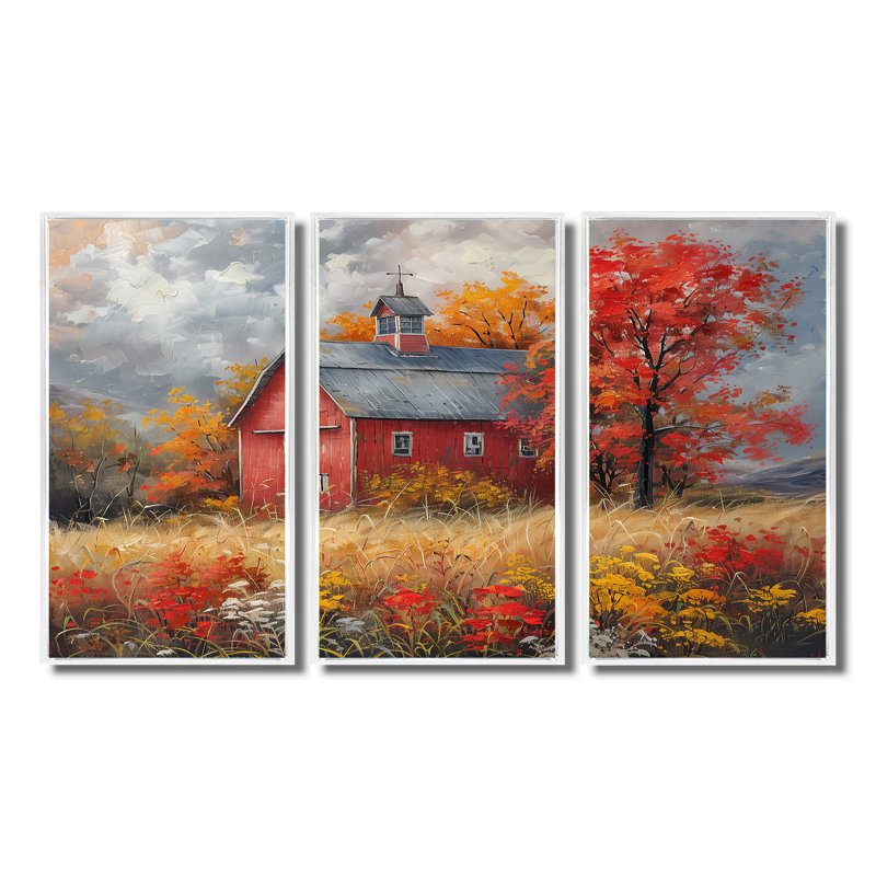 Autumn Red Barn Breeze I - Ensemble d'art mural de grange, Cadre flottant blanc, 32" H x 48" W