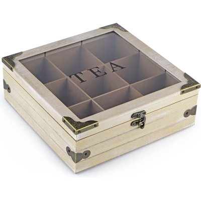 Boîte à thé en bois, coffre à thé avec couvercle en verre, 9 compartiments, porte-sachets de thé pour armoire, garde-manger