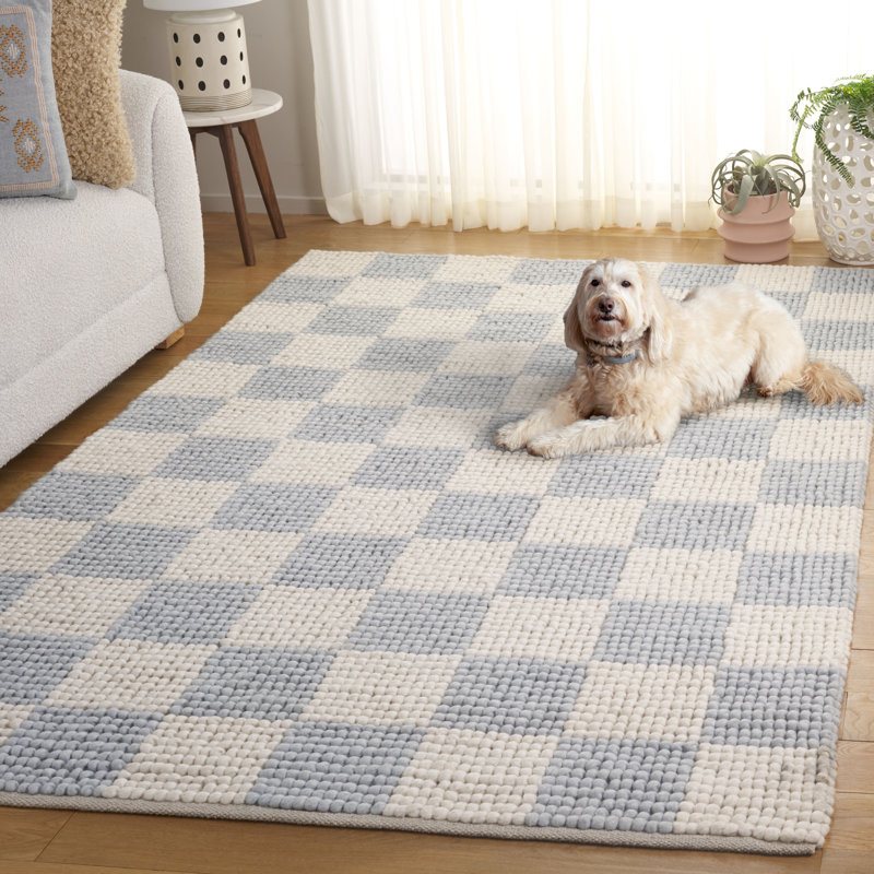 Tapis à carreaux en laine / coton Natura 288 tissé à plat en bleu clair / ivoire, Rectangle 3 pi x 5 pi
