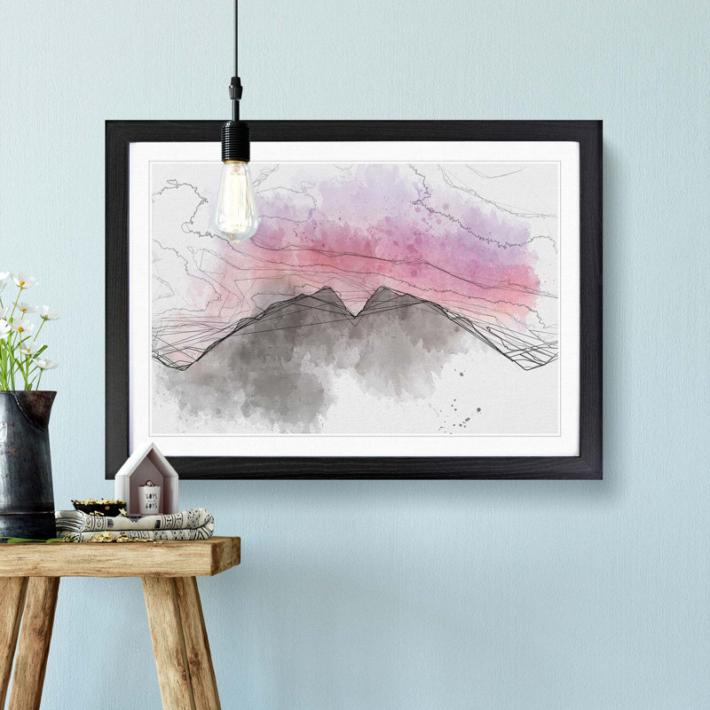 Mountain Mirror in Abstract - Picture Frame Drawing Print, 27cm H x 36cm W x 2cm D, Black Framed