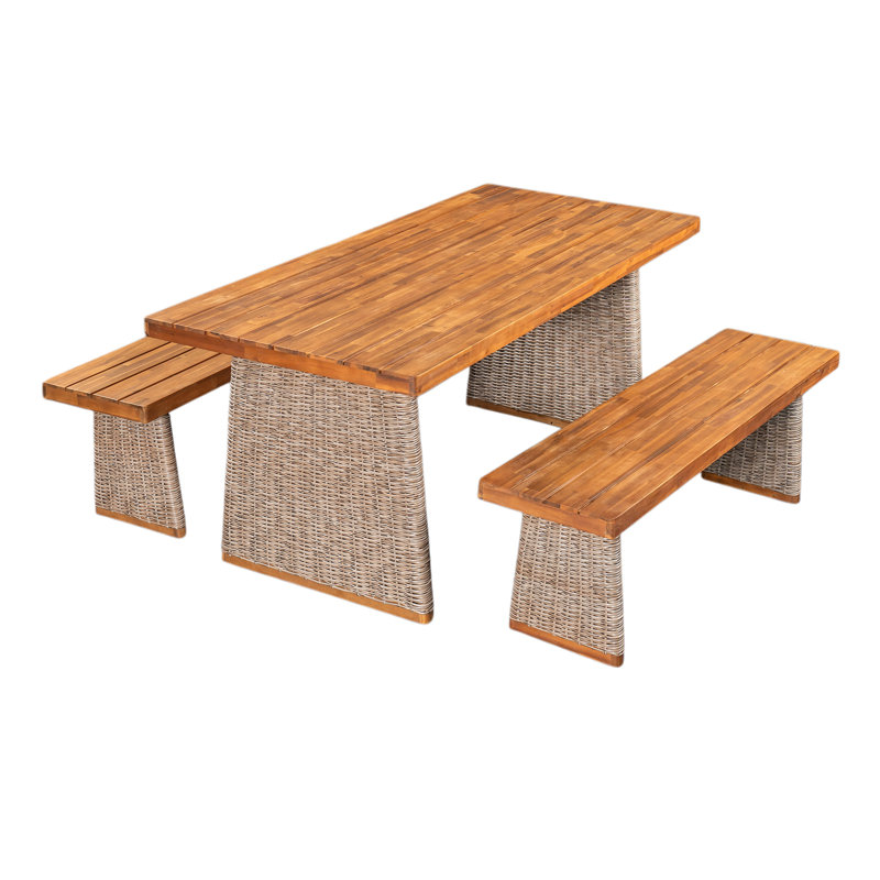 Outdoor 3 Piece Acacia Wood Dining Set with Handwoven Rattan Legs, Brown