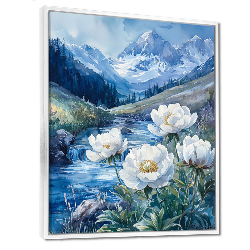 Art mural sur toile Gion, pivoines blanches et eaux glaciaires III, H 40 po x l 30 po, Reproduction avec cadre flottant