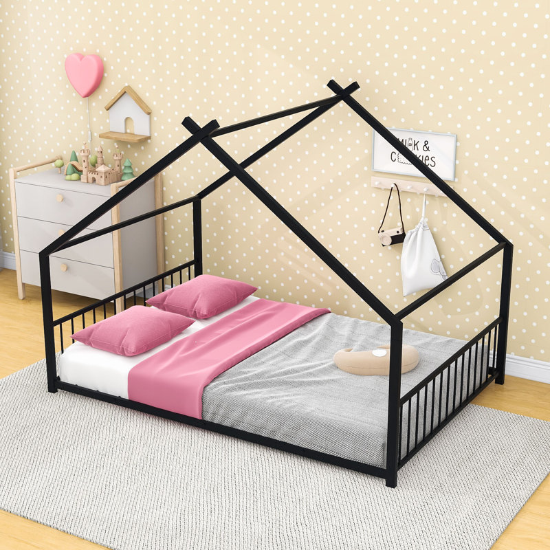 Charming House-Inspired Metal House Bed With Slats, Black, Full