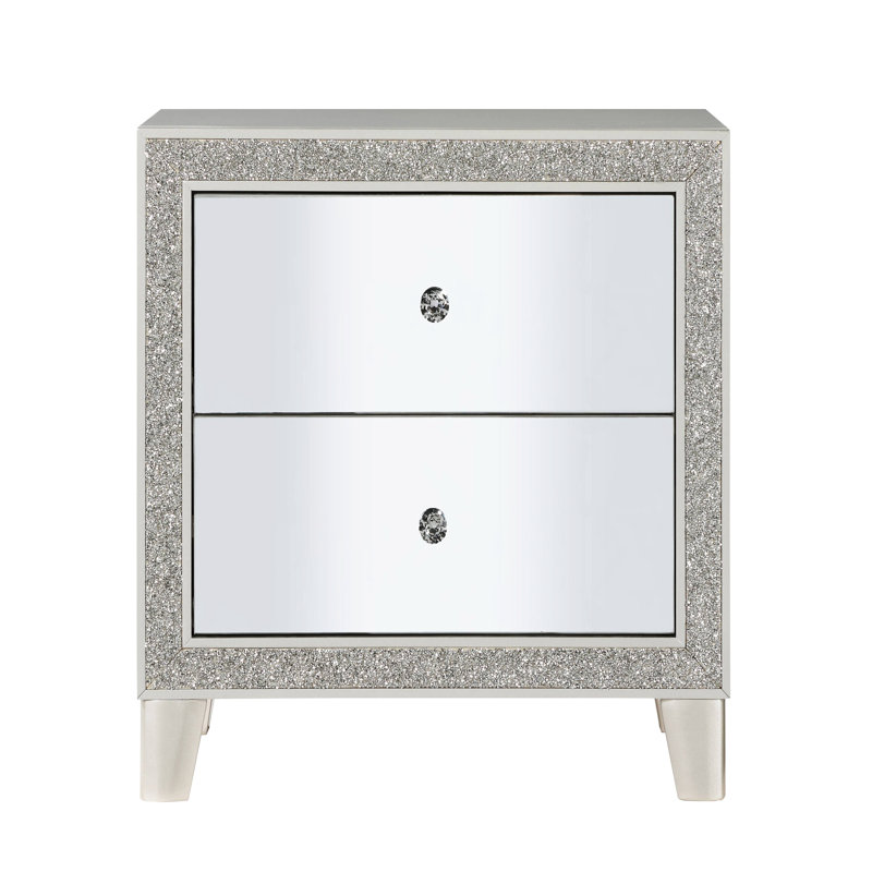 Table de chevet miroir doublée de feutre en champagne - 2 tiroirs pour la décoration de la chambre à coucher avec doublure élégante