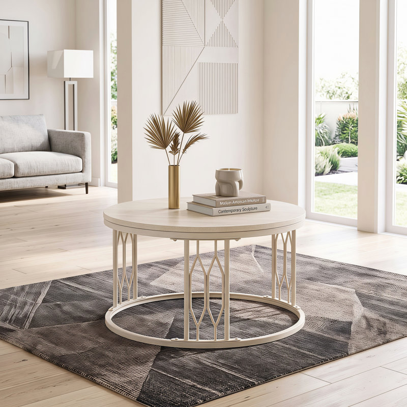 Table basse ronde de 27,5 po avec plateau en grain de bois et base géométrique en métal, Blanc