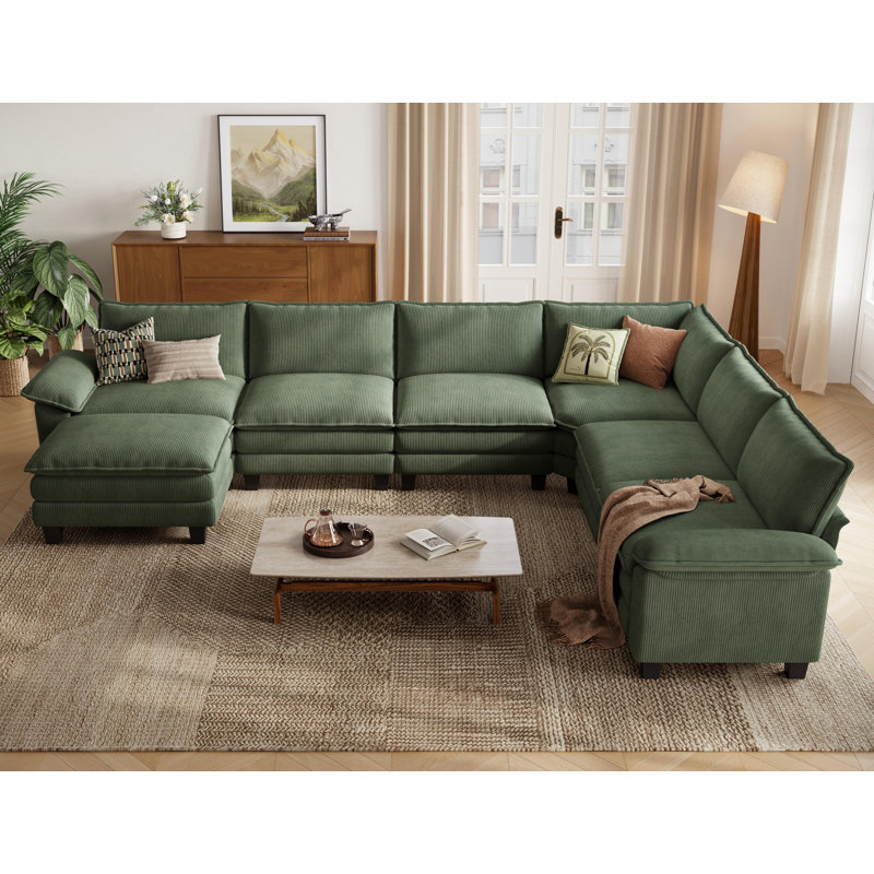Colbey 153" Upholstered U-shape Modular Cloud Corner Sectional with Ottoman, Lena Green Corduroy