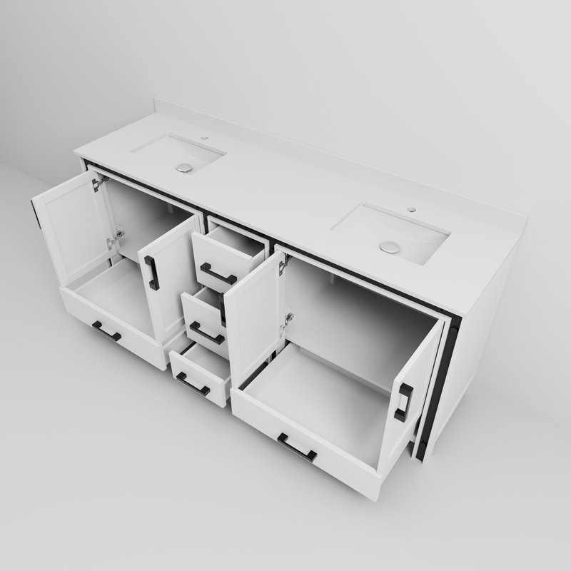 Meuble-lavabo double blanc l 80 po x P 22 po - comptoir en quartz et structure en bois massif à fermeture en douceur pour une utilisation silencieuse 2 armoires 5 tiroirs