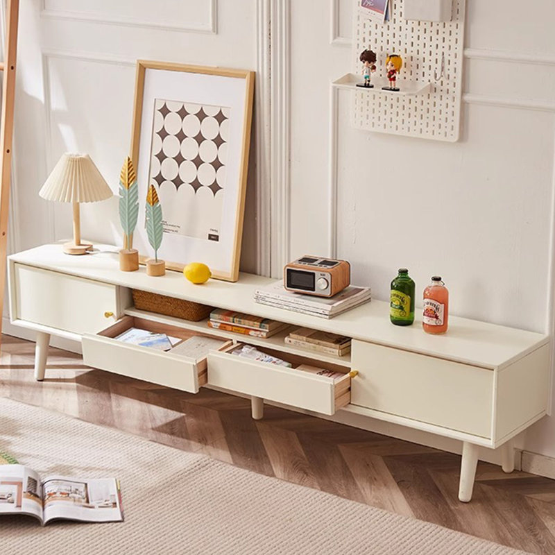 Meuble télé beige en bois massif, H 16,34 po x L 62,99 po x l 11,81 po