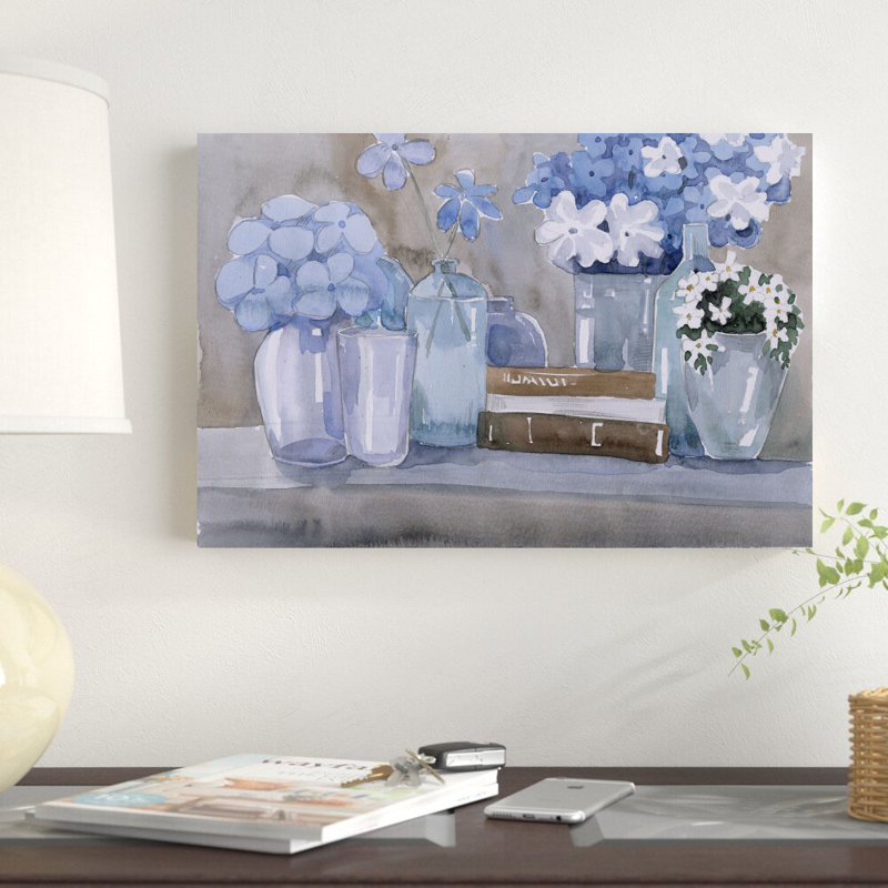 Floral peint en bleu avec des vases, H 12 po x l 18 po