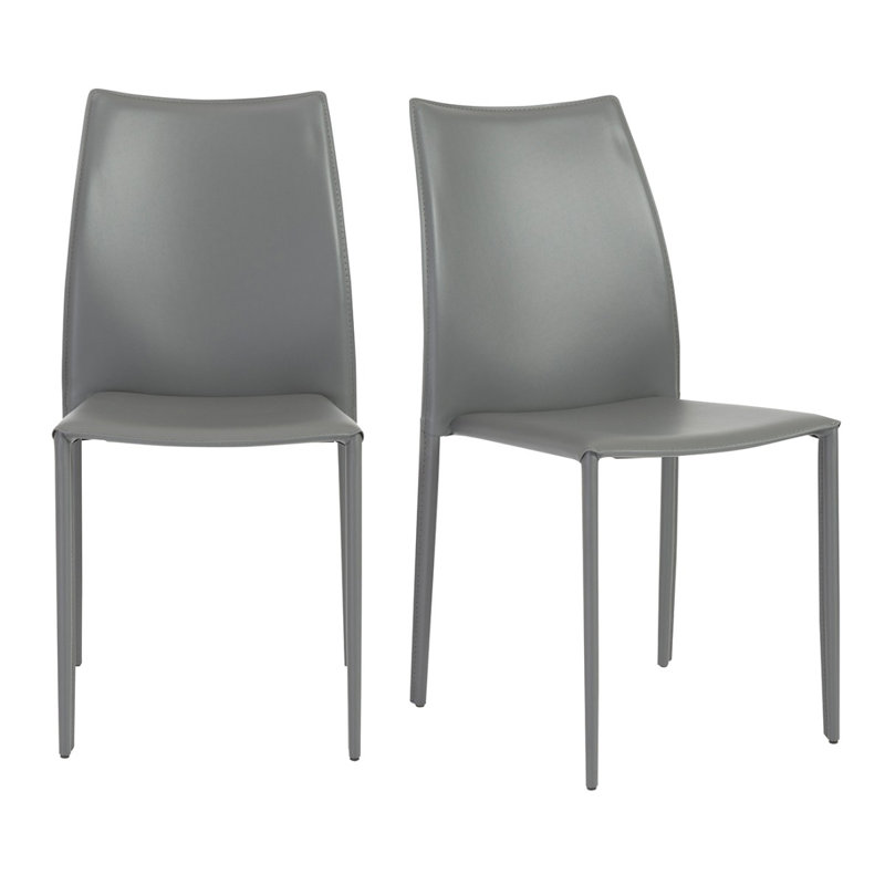 Two Pieces of Irmingard Premium All Black Leather Match Stacking Dining Chairs, Light Gray, Light Gray