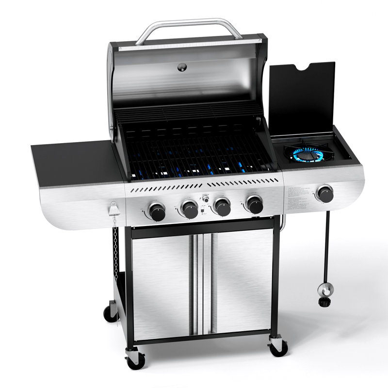 Barbecue au gaz en acier inoxydable à 4 brûleurs R.W.FLAME, avec 1 brûleur latéral et roues universelles à double frein, offre une puissance de 42 000 BTU. Idéal pour les barbecues en famille et un cadeau idéal pour les Fêtes.