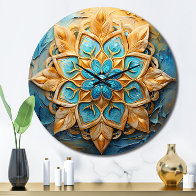Divine Mandala In Vintage Gold And Turquoise - Boho Mandala Wall Clock