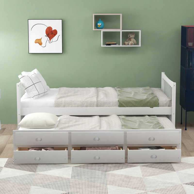 Ajavian Three Drawers Wooden Daybed with Trundle, White, Twin