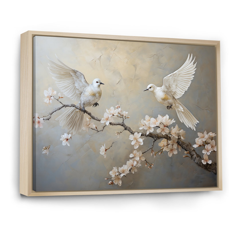 «White and Grey Birds Floral Serenity I», art mural oiseau, Cadre flottant brun, H 30 po x l 40 po x P 1,5 po