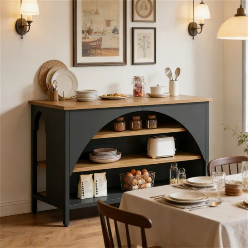 Îlot de cuisine 55,12 po avec 3 tablettes de rangement ouvertes, plateau de table grain de bois et armoire de cuisine