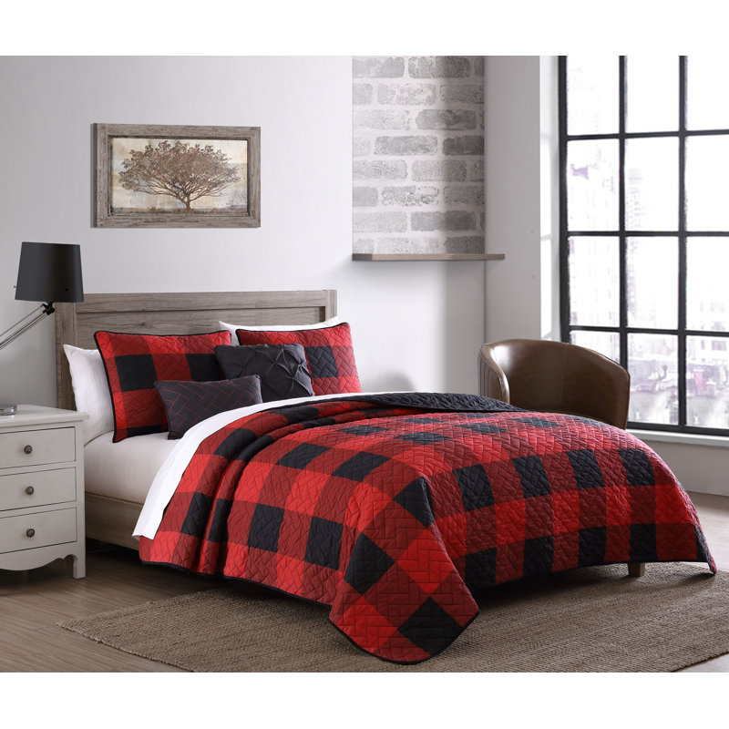 Ensemble de courtepointe réversible Buffalo, Rouge / noir, Courtepointe très grand, 2 taies décoratives et