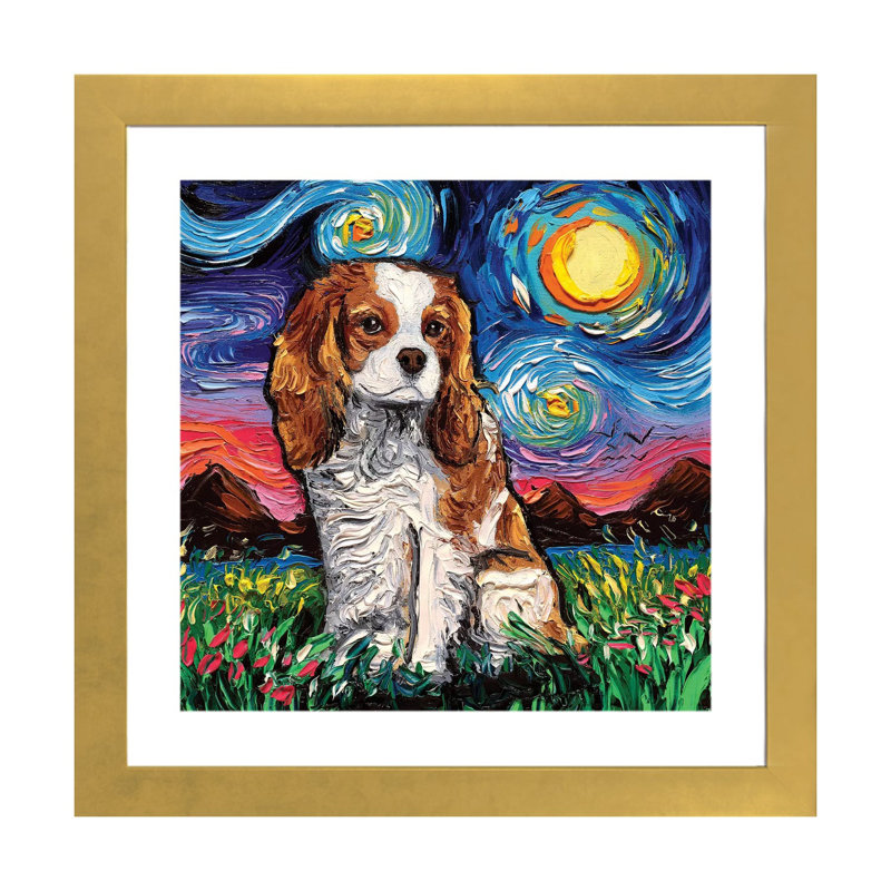 «Cavalier King Charles Spaniel Night II» par Aja Trêves - reproduction d'art, H 16 po x l 16 po x p 1 po, Papier encadré doré