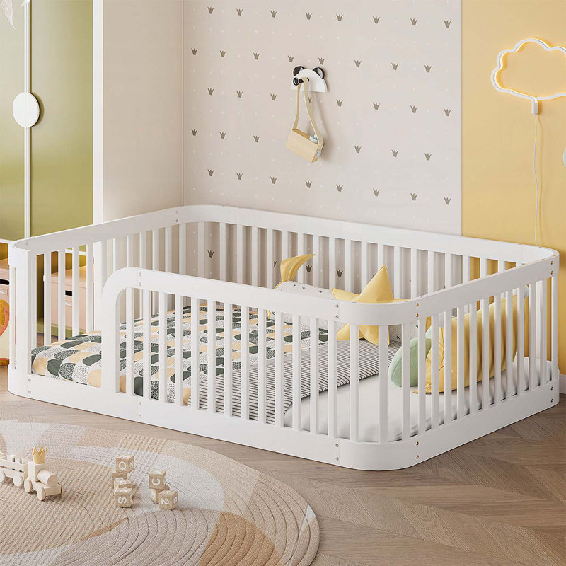 Wood Floor Bed with Fence,Ideal for Creative Play Spaces,Sturdy and Safe Design, White, Full