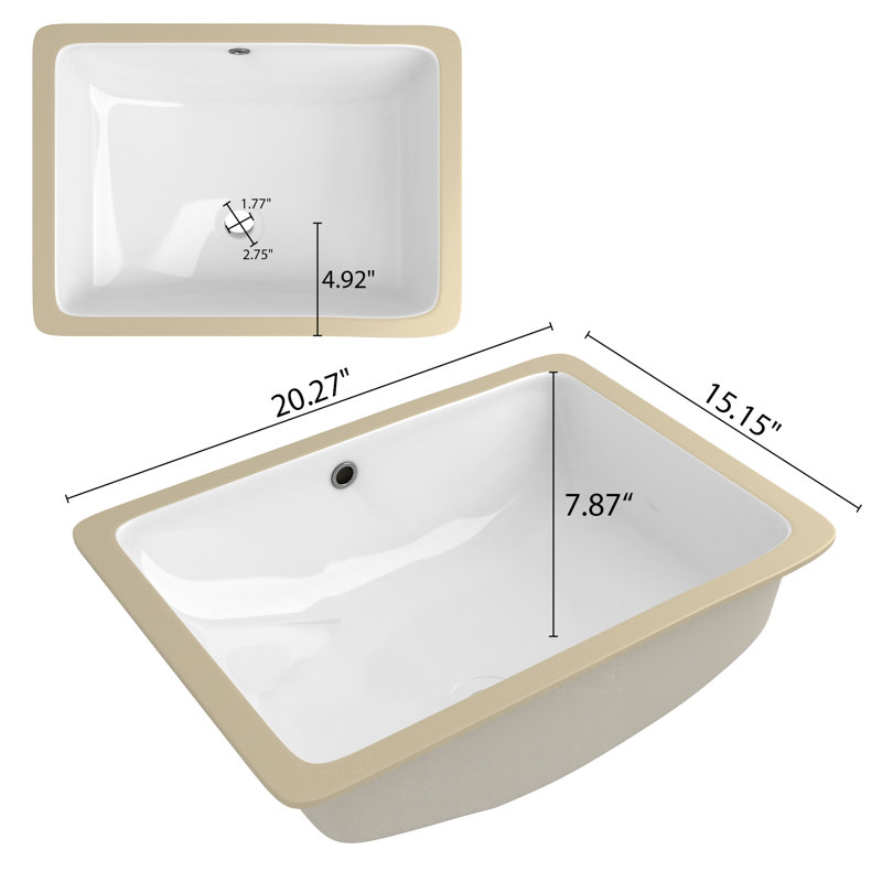 TOBILI 15.15'' X20.27" White Ceramic Rectangular Undermount Bathroom Sink with Overflow