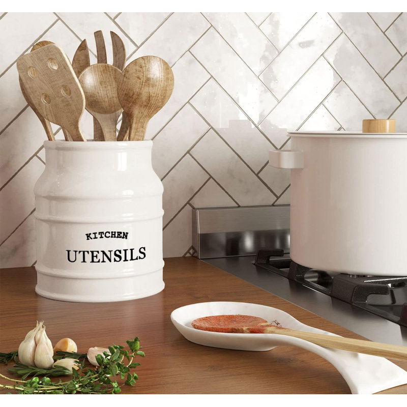 Porte-ustensiles de cuisine en céramique pour comptoir de cuisine, organisateur de spatule pour comptoir, Blanc