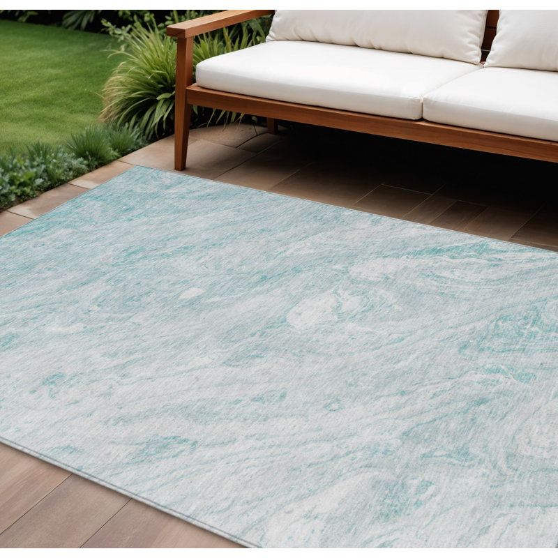 Tapis extérieur lavable abstrait 8 pi x 10 pi aigue-marine et ivoire