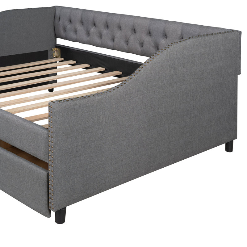 Full Size Upholstered Daybed With Two Drawers, Gray, Solid Build Base Frame Support, Gray