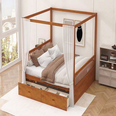 Wooden Canopy Bed With Storage Drawers, Queen Size, Walnut