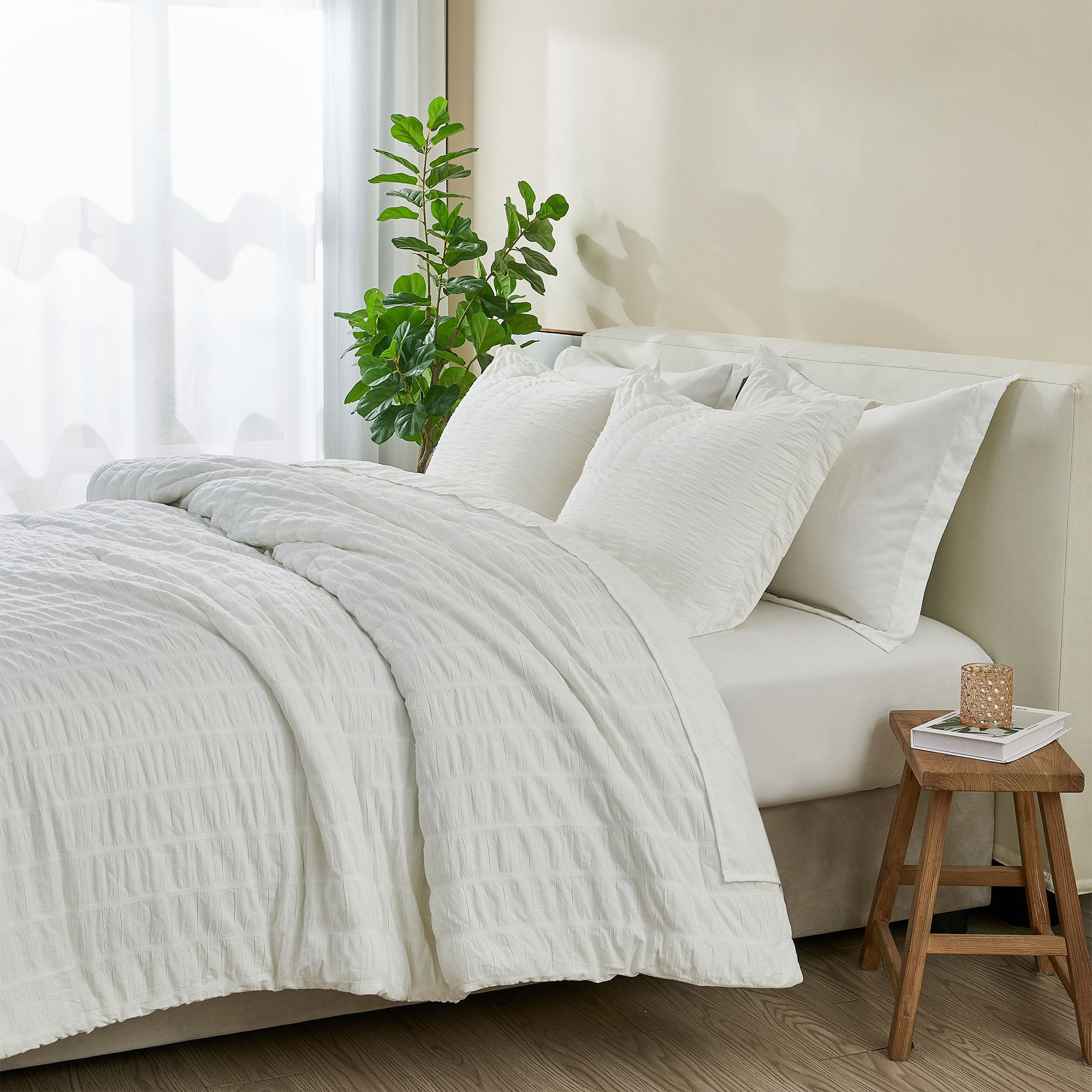 100% Cotton Puckered 3 Pc Reversible Comforter Set with Shams, Full / Queen, Fresh White