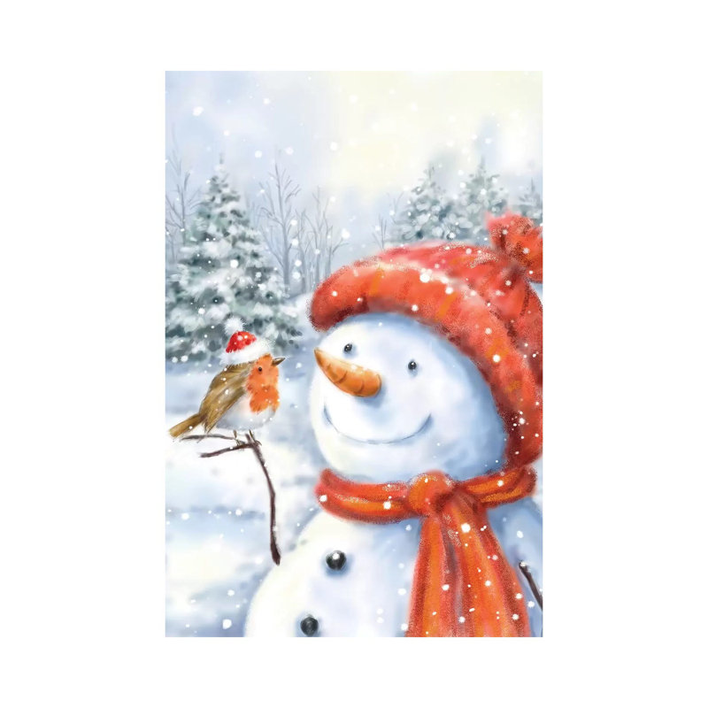 «Snowman and Robin I» par Makiko - peinture sur toile tendue, H 12 po x l 8 po x P 0,75 po