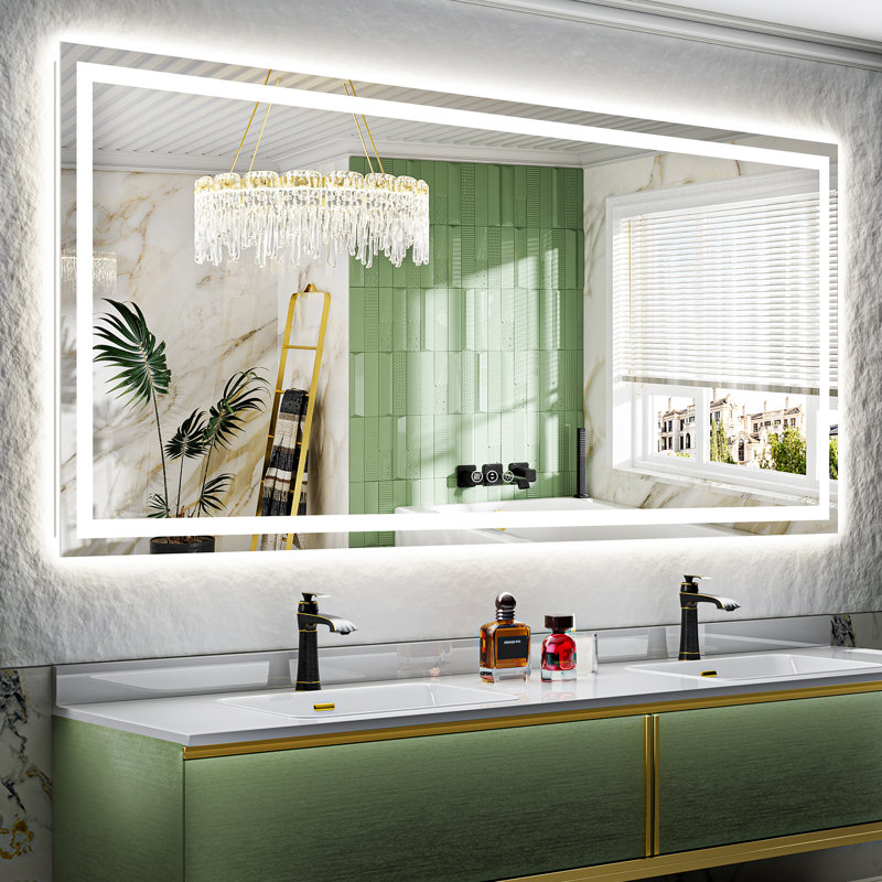 Akilan Frameless LED Vanity Mirror with Front-lit and Back-lit, Memory Function, 3 Color Temperatures & Dimmable Light, Anti-fog Tempered Glass ETL Mirror