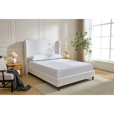 Lit moderne grand, tête de lit de 54 po de hauteur, revêtement blanc crème, structure en métal, sans sommier tapissier, tête de lit haute contemporaine en chenille à installation simple, assemblage sans effort