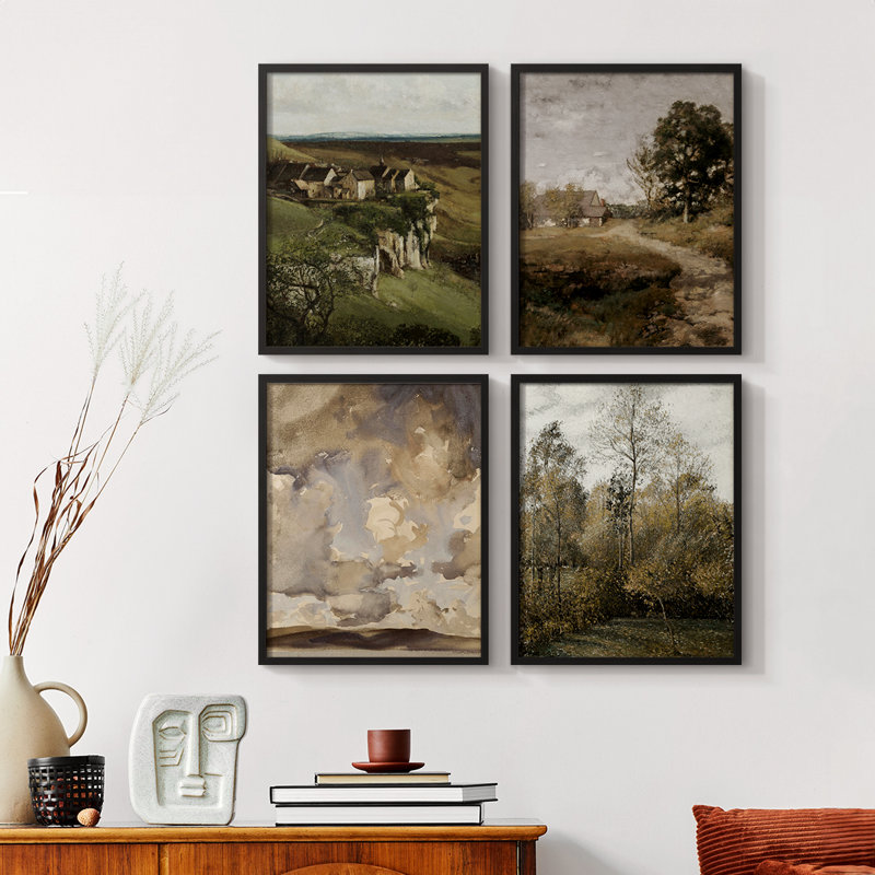 «Vintage Landscape CCxxxvi», ensemble de 4 reproductions encadrées, Noir, H 10 po x l 32 po