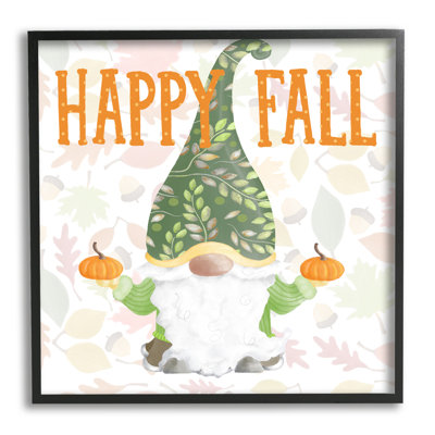 " Happy Fall Patterned Gnome Holding Orange Pumpkins " by Andi Metz