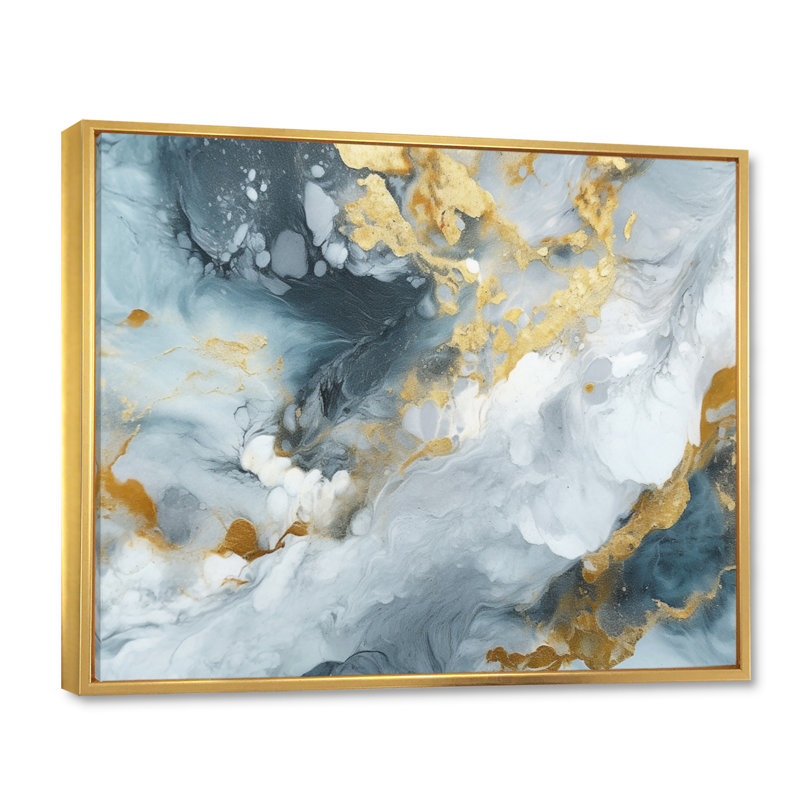 Gris et or, art à l'encre liquide II, art mural fractales, H 30 po x l 40 po x P 1,5 po, Cadre flottant doré