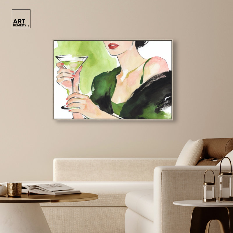 Martini Pause - Reproduction sur toile encadrée d'Ira Comleva, Art mural Martini par Art Remedy, Cadre en chêne naturel, 54 x 36
