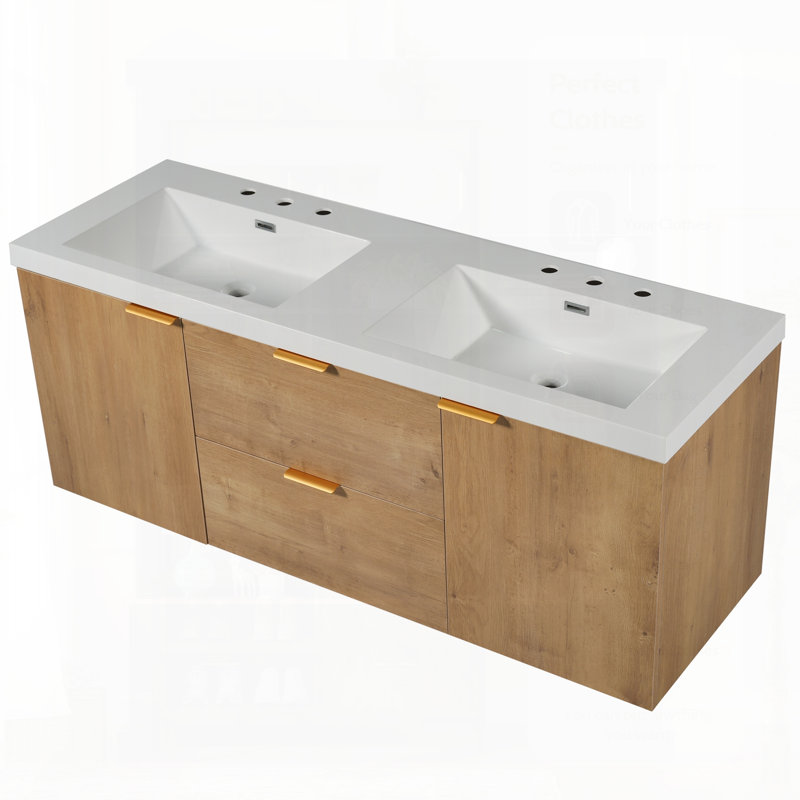 Meuble-lavabo double avec comptoir en SMC, armoire en panneau de fibres à densité moyenne, portes à fermeture en douceur, tiroirs divisés, meuble-lavabo mural moderne pour les grandes salles de bain