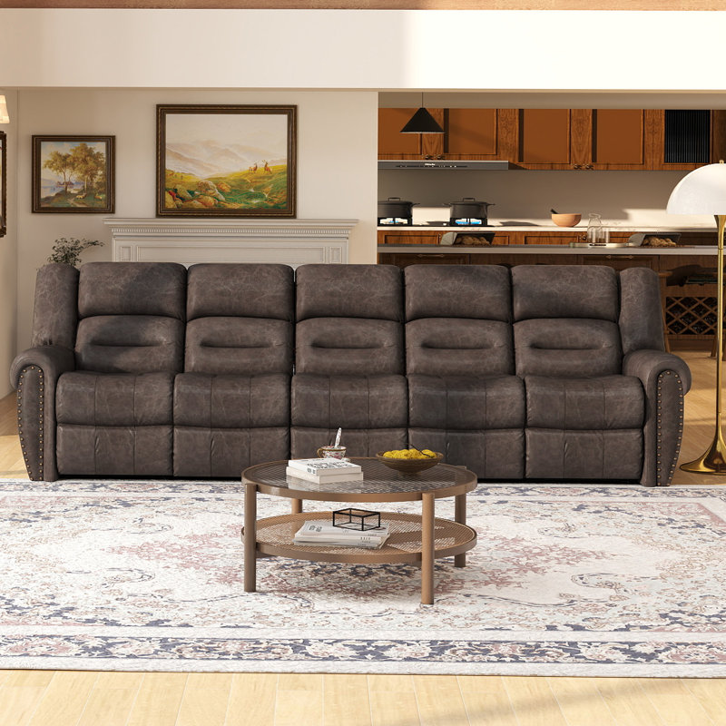 Canapé d'angle inclinable manuel en cuir végétalien de 129,6 po de large, Brown