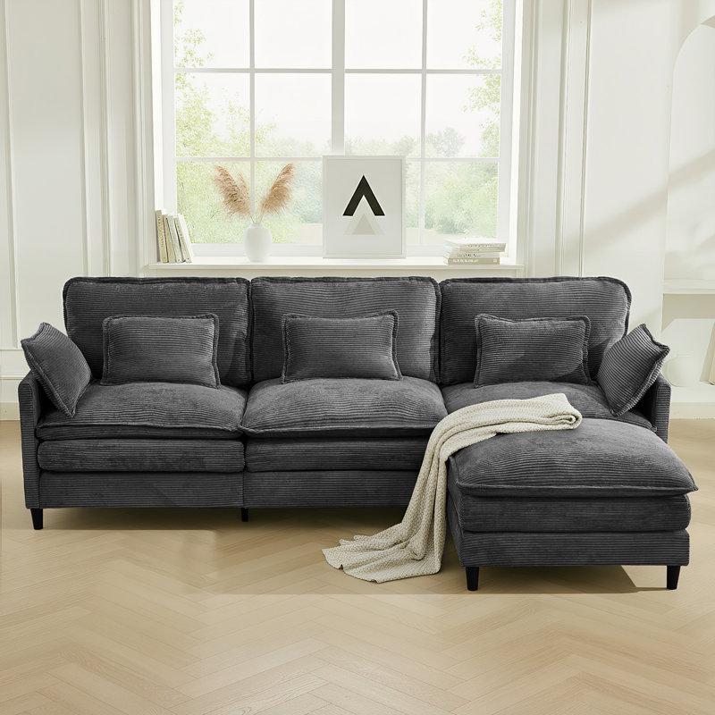 4-Piece 110.6" Corduroy Modular Upholstered Sectional Sofa Deep Seat Cloud Couch With Ottoman, Gray Corduroy
