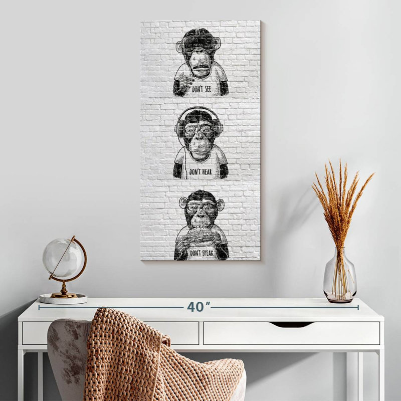 " Three Wise Monkeys BW " by Existencils, 30" H x 15" W x 1.25" D