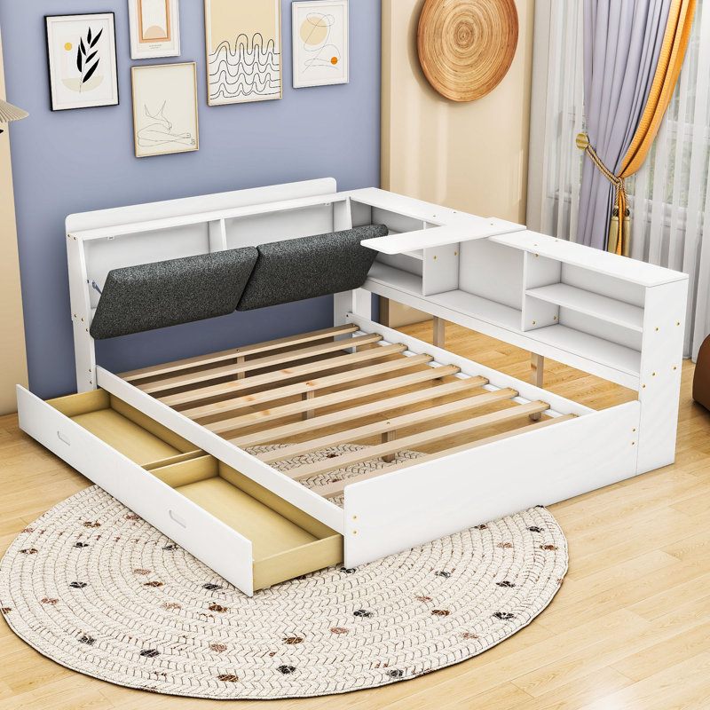 Lit plateforme double en bois avec tête de lit tapissier, rangement et tablette rotative, Blanc