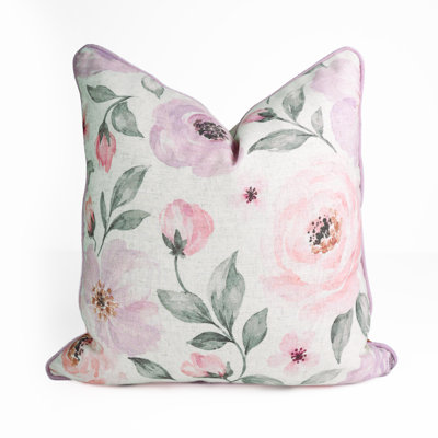 Pink Rose Garden Linen Blend Throw Pillow Cover with Piping, Digital Floral Print and Invisible Zipper